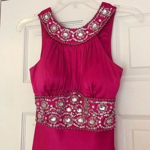 Long satin prom dress with rhinestone accents